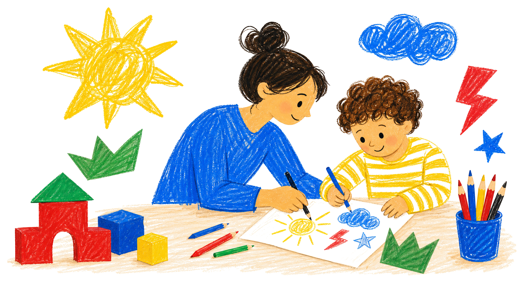 A nanny and child drawing together with colorful creative play materials