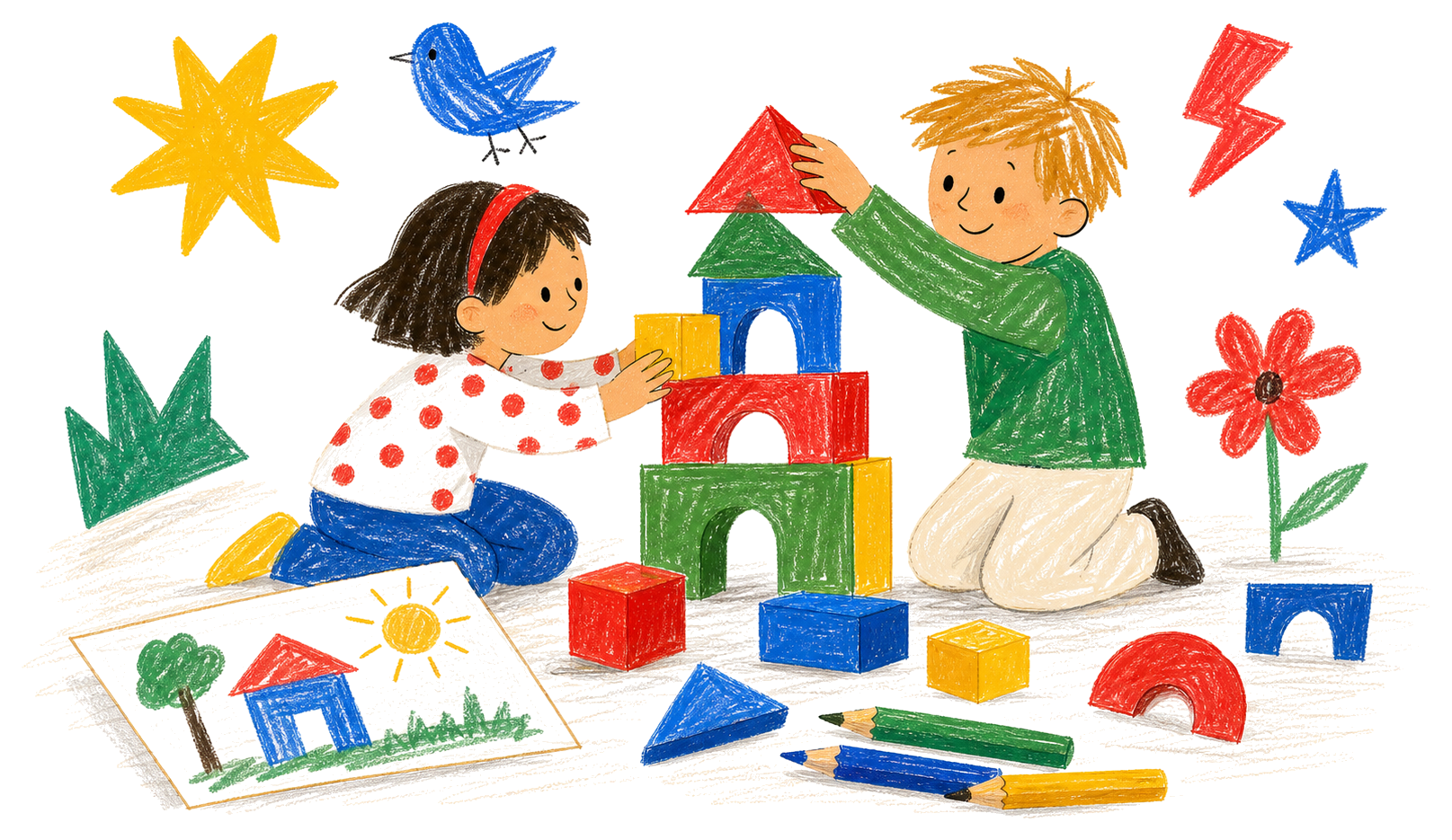 Children building with colorful blocks and creative learning materials